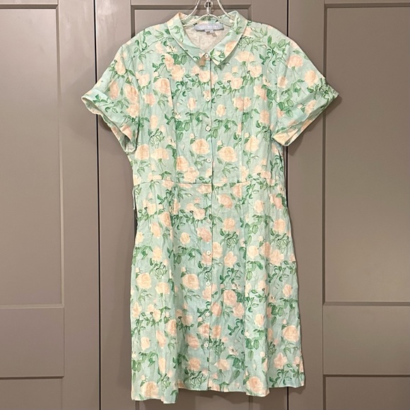 Hill House Dresses & Skirts - Hill House The Laura Dress Blue Roses Floral 100% Linen Button Down Large